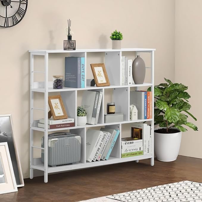 CAPHAUS 10 Cube Storage Organizer, 48” Wide 3 Tier White Industrial Open Shelf Bookcase, Display Shelf, Horizontal Bookshelf with Metal Frame, Wooden Board, for Living Room, Bedroom, Office-NeatNest