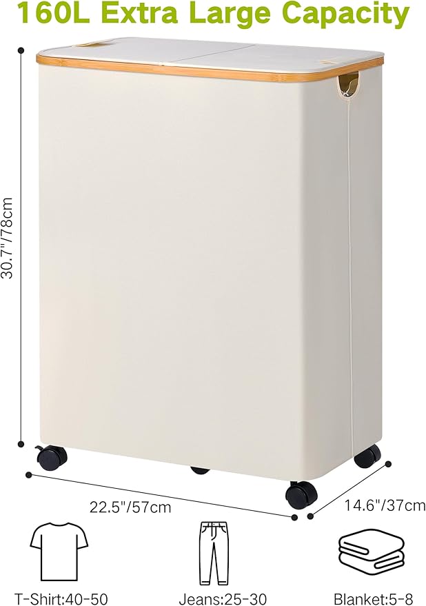 efluky Double Laundry Hamper with Wheels, Divided Laundry Hamper with Removable Bags, 2 Section Dirty Clothes Basket with Handles for Bathroom, Bedroom & Laundry Room, 160L Beige-NeatNest