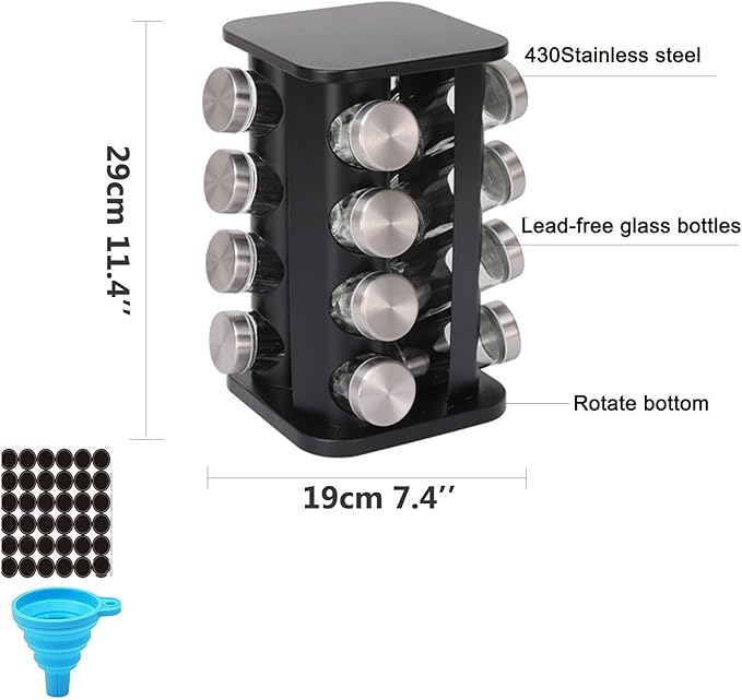 Spice rack-Revolving Spice Rack Set, Kitchen Spice Tower Organizer for Countertop or Cabinet -Desktop Rotating Seasoning Organizer(Stainless Steel) (Black, SquareHead_16Jars)