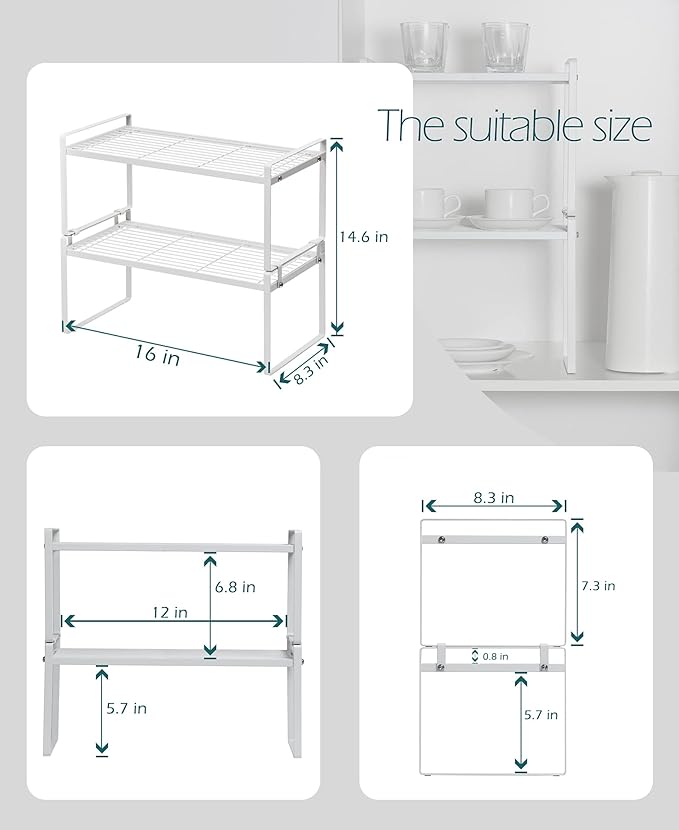 2Pack Cabinet Shelf Organizer Storage Rack Space Saving for Kitchen Counter Pantry Bathroom Cupboard Under Sink Office Table Desk Steel Stackable Rust Resistant Heavy Duty Nonslip 16” White-NeatNest