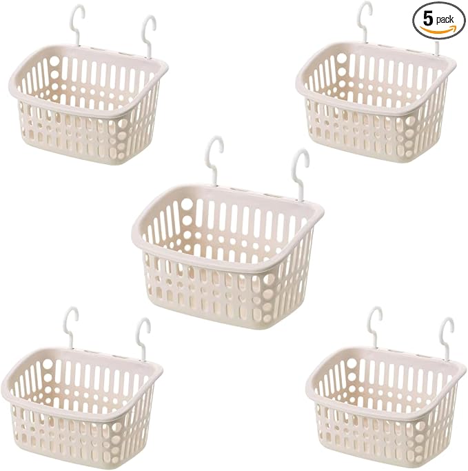 5PCS Plastic Hanging Baskets for Shower, Hanging Basket Organizer with Hooks, Rectangle 10.6Inches Small Hanging Storage Basket (Beige)