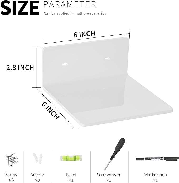 6 Inches White Acrylic Wall Shelves Set of 4, Moisture-Proof, Wall Mounted Storage Display Shelves for Gaming Room, Living Room, Bathroom, Office, Store, Heavy Duty, 4 Pack-NeatNest