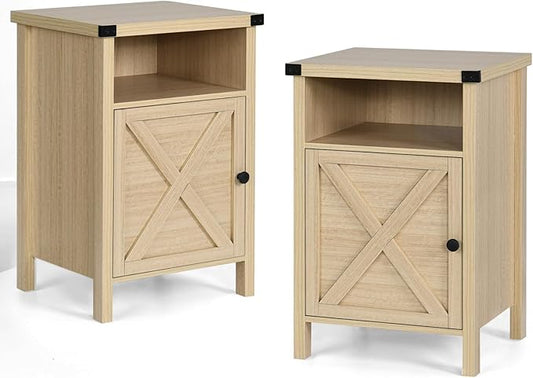 Farmhouse End Table, Nightstand, End Tables with Barn Door and Shelf, Modern Bed Side Table Rustic Nightstands Set for Bedroom, Living Room, Set of 2, Natural