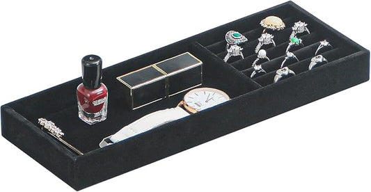 Divided Drawer Organizer - Velvet Jewelry Storage Tray for Necklace, Bracelet, Ring, Earring Display - Bedside Nightstand Desk Holder for Phone, Watch, Sunglasses, Cosmetics Storage - Black, 2 Grid-NeatNest