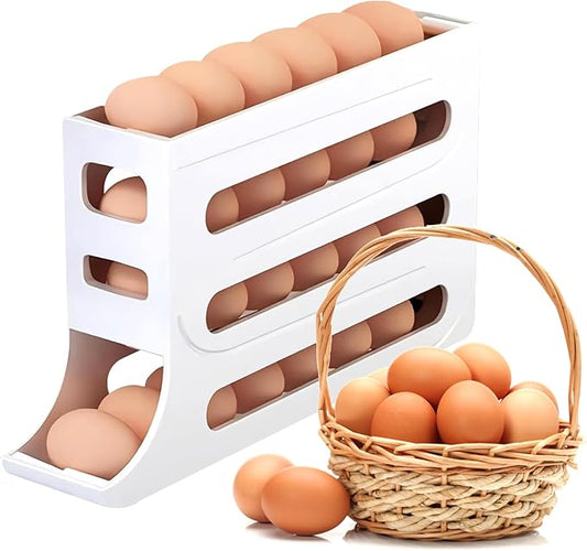 30 Eggs Fridge Dispenser 4 Tier Egg Holder for Refrigerator Countertop Container Large Capacity Auto Rolling Tray Organizer Storage Automatic Distributor Rack Space Saving for Kitchen