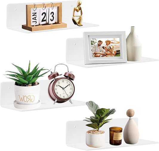9 Inch Acrylic Floating Shelf No Drill Adhesive Wall Shelf Set of 4 for Funko Pop Storage, Floating Shelves Damage-Free Expand Wall Space for Living Room, Bathroom, Gaming Room, Office - White