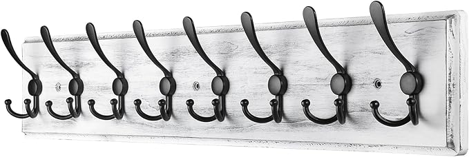 Coat Rack Wall Mount, Wooden Heavy Duty Coat Rack for Wall,8 Triple Coat Hanger Hooks for Hanging Coats,Jacket,Hat,Clothes (Grey White, 8 Hooks)-NeatNest