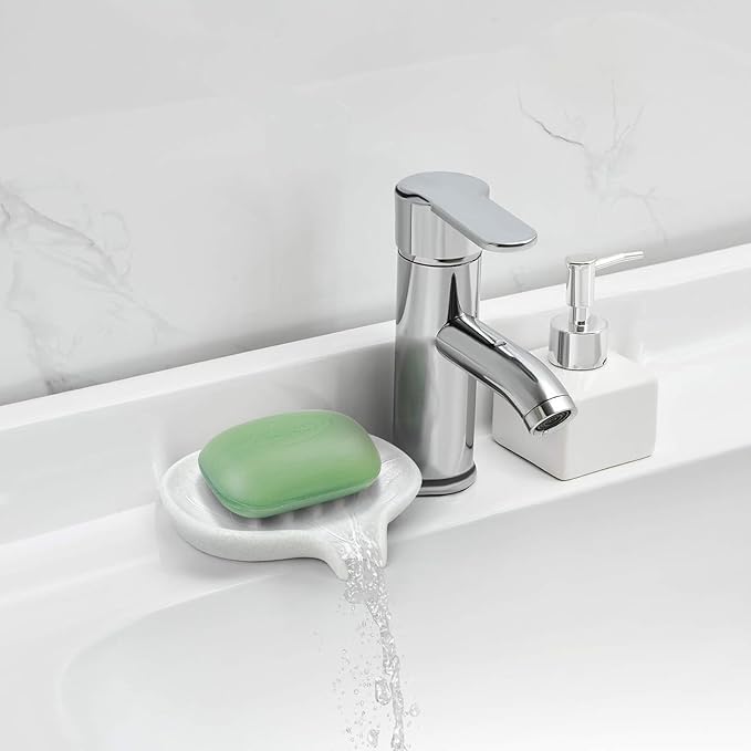 2 Pcs Soap Dish with Drain- Self Draining Bar Soap Holder for Shower, Marble Look Soap Savers Soap Tray Sponge Holder for Kitchen, Bathroom, Bathtub Sink, Crystal White-NeatNest