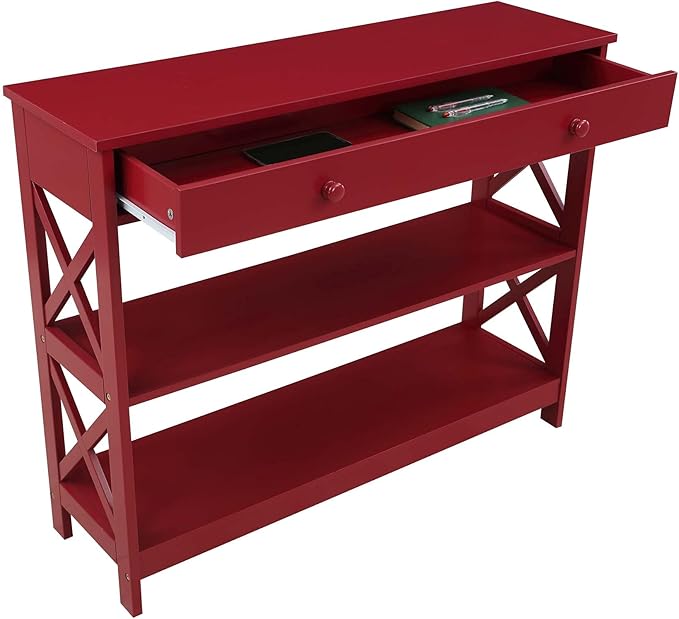 Convenience Concepts Oxford 1 Drawer Console Table with Shelves, Cranberry Red-NeatNest