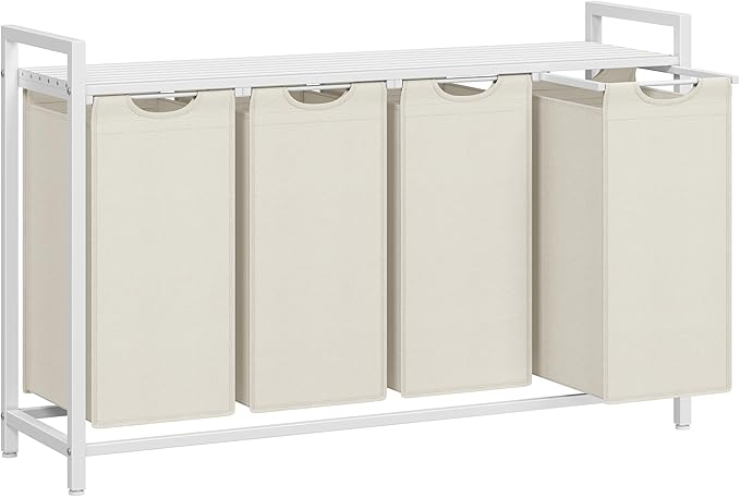 VASAGLE Laundry Hamper, Laundry Basket, Laundry Sorter with 4 Pull-Out and Removable Bags, Shelf, Metal Frame, 4 x 10.6 Gallons (40 L), 45.7 x 13 x 28.4 Inches, Cream White and Cloud White UBLH401W01-NeatNest