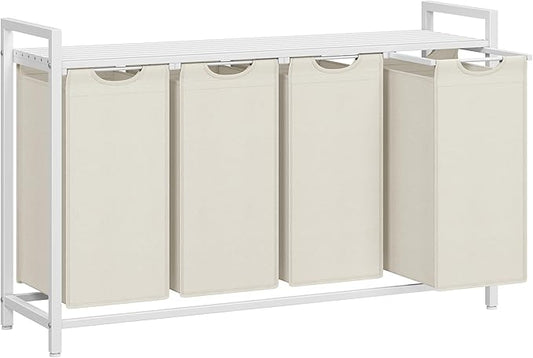 VASAGLE Laundry Hamper, Laundry Basket, Laundry Sorter with 4 Pull-Out and Removable Bags, Shelf, Metal Frame, 4 x 10.6 Gallons (40 L), 45.7 x 13 x 28.4 Inches, Cream White and Cloud White UBLH401W01-NeatNest