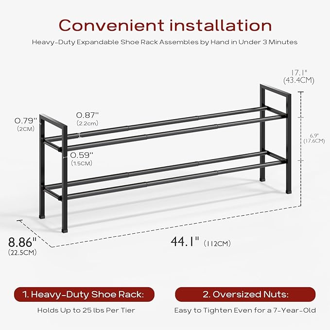 Bumusty 2-Tier Long Expandable Shoe Rack for Closet, 18"-44" Adjustable Shoe Rack for Entryway, 10-12 Pairs Large Shoe Organizer Shelf Storage, Sturdy Metal, Black-NeatNest