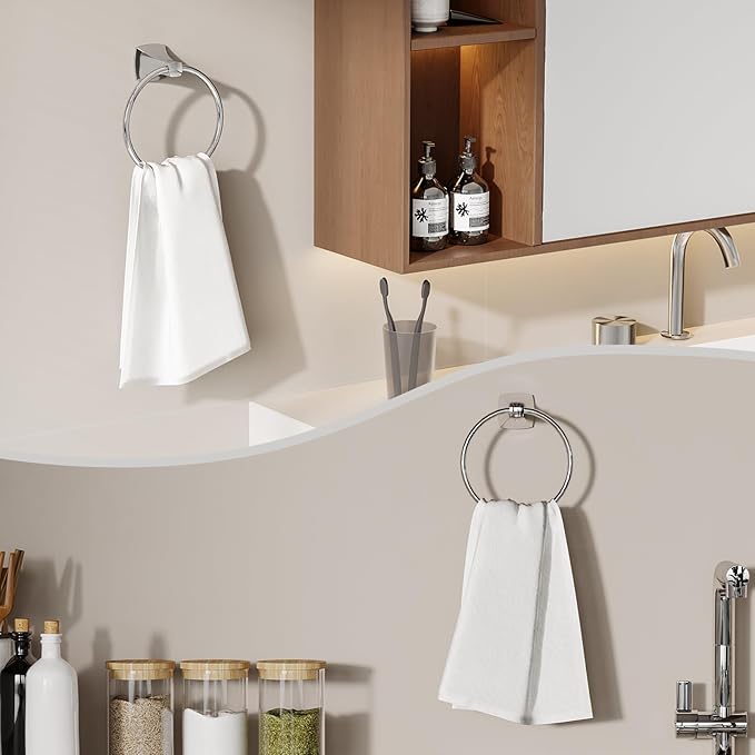Hand Towel Holder for Bathroom Polished Chrome Towel Ring Stainless Steel and Zinc Alloy Towel Hanger Wall Mount for Bath, Kitchen, 2 Pack