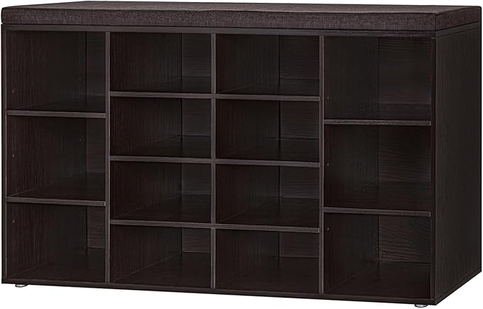 DINZI LVJ Shoe Storage Bench with Cushion, 14-Cubby Shoe Rack, Adjustable Shelves, Multifunctional Shoe Organizer Bench for Entryway, Mudroom, Hallway, Living Room, Bedroom and Garage, Espresso-NeatNest