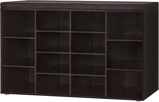 DINZI LVJ Shoe Storage Bench with Cushion, 14-Cubby Shoe Rack, Adjustable Shelves, Multifunctional Shoe Organizer Bench for Entryway, Mudroom, Hallway, Living Room, Bedroom and Garage, Espresso-NeatNest