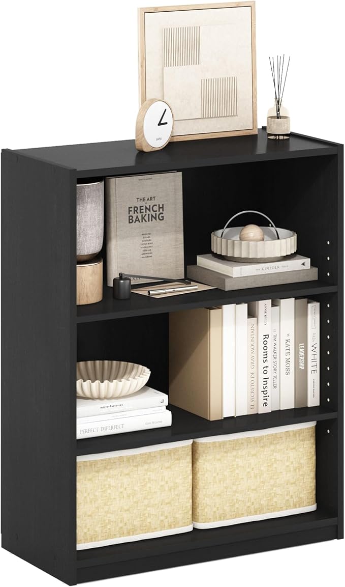 Furinno Gehry 3-Tier Bookcase, Bookshelf with Adjustable Shelves, Blackwood