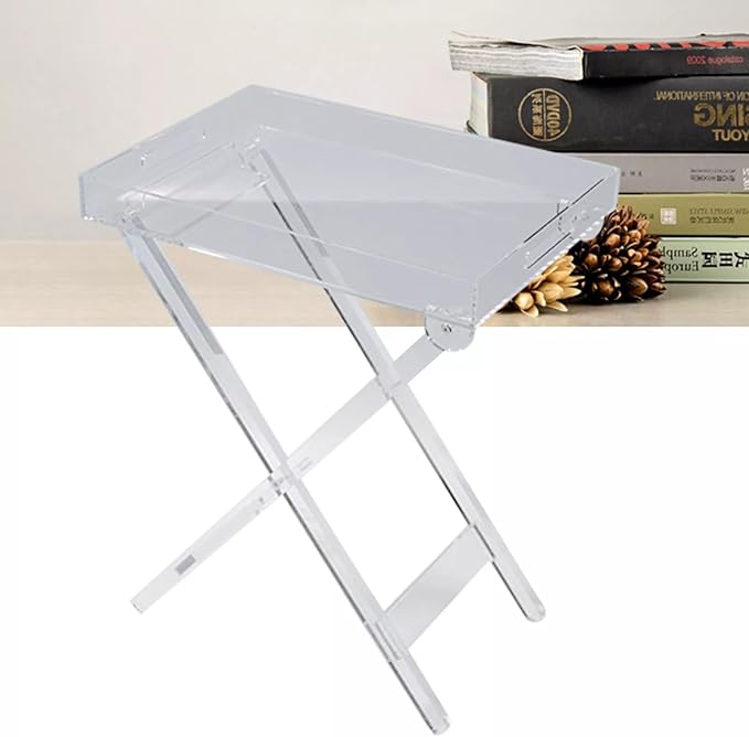 Foldable Acrylic Table,19in X-Shaped Stand Foldable Tray Table,Tv Snack Tray,Clear Tone,Load Capacity 7kg/15.5 Lbs,for Small Space, Fit Indoor Dining/Place The Computer. (Clear)