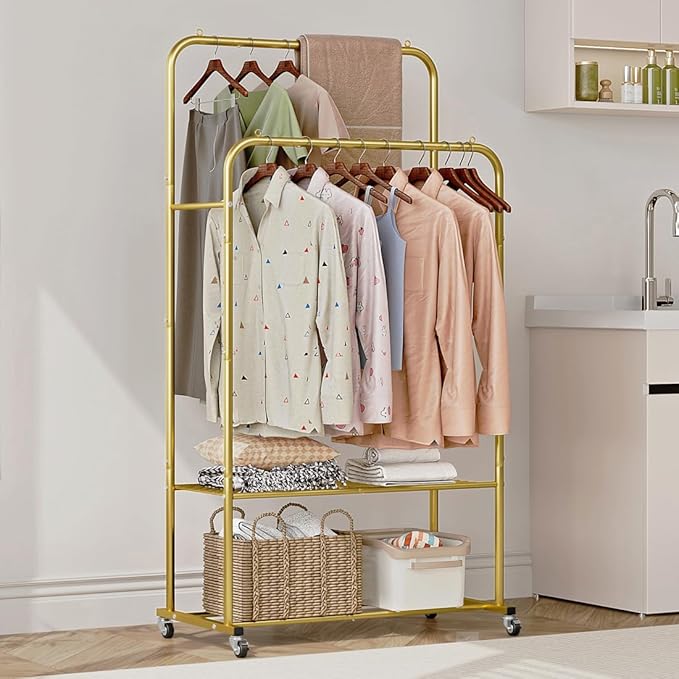 Clothes Rack with Wheels Garment Rack for Hanging Heavy-Duty Clothing Rack Metal Rolling Clothes Shelves for Bedroom, Closet (Golden)-NeatNest