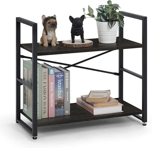 CAPHAUS 2 Tier Small Bookshelf, 24 Inch Width Free Standing Shelf, Bookcase Shelf Storage Organizer, Industrial Book Shelves for Home Office, Living Room, Black Shelves & Metal Frame-NeatNest