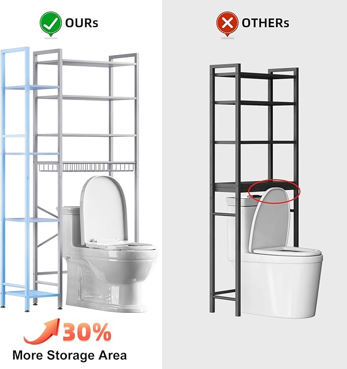 8-Tier Over The Toilet Storage with Side Rack, Over Toilet Storage Rack with Adjustable Shelf & Drain Basket, Freestanding Bathroom Organizer for Balcony, Laundry (Pure White)