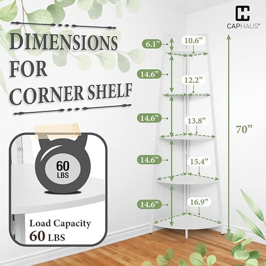 CAPHAUS Tall Corner Shelf Stand, 5-Tier Display Shelves, Ladder Corner Wood Storage Plant Bookshelf with Metal Frame, Versatile Shelving Unit Bookcase for Home Office Space, White-NeatNest