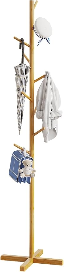Bamboo Tree Coat Rack Stand, Freestanding kids Coat Tree with 9 Hooks 3 Adjustable Height for Child Adult, Coat Stand Tree Fits Entryway Bedroom Office for Bags Hats (64 inch height)-NeatNest