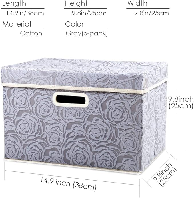 PRANDOM Foldable Storage Bins with Lids [5-Pack] Fabric Decorative Storage Box Cubes Organizer Containers Baskets with Cover Handles Divider for Bedroom Closet Living Room Grey 14.9x9.8x9.8 Inch-NeatNest