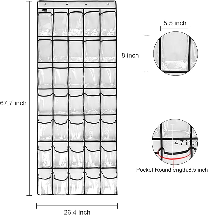 1 Pack 35 Clear Crystal Pockets Large Hanging Shoe Organizer Over The Door Shoe Rack for Closet Door Storage Shoe Holder Hanger, 4Hooks, white (67.7'' x 26.4'')-NeatNest