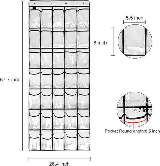 Clear Crystal 2 Pack 35 Pockets Large Hanging Shoe Organizer Over The Door Shoe Rack for Closet Door Storage Shoe Holder Hanger, 8Hooks, white-NeatNest