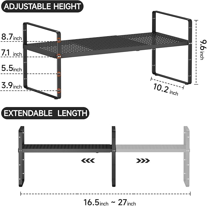 Expandable Cabinet Countertop Shelves 16.5-27’’L, Adjustable Metal Spice Rack Organizer, Stackable Kitchen Counter Storage Shelves Organizers for Cabinet Organization, Black-NeatNest