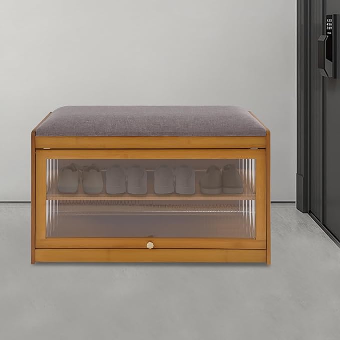 Eapmic Shoe Storage Bench, Entryway Shoe Rack Bench with Padded Seat Cushion, 2-Tier Shoe Cabinet, Bamboo Shoe Organizer for Hallway Bedroom Living Room Front Door (Brown, 27.56 * 12.6 * 16.53in)