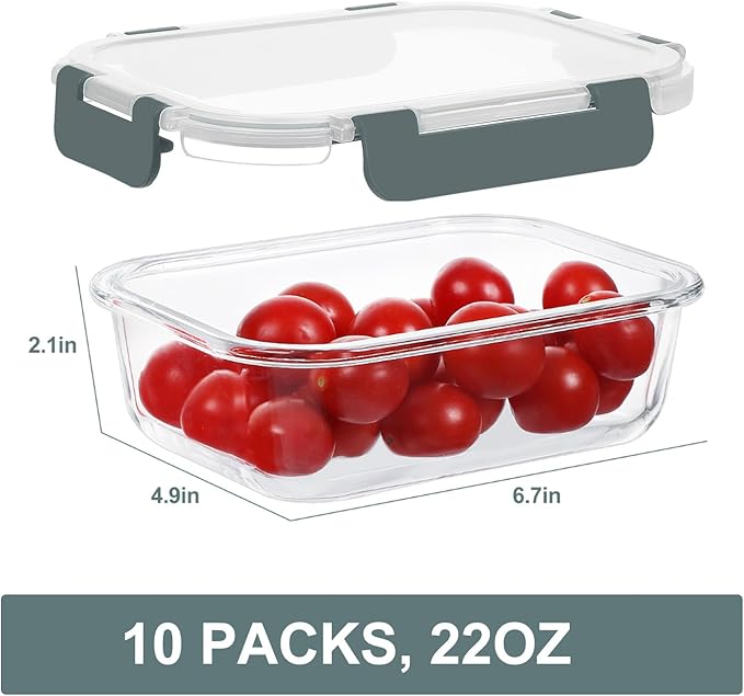 10 Packs 22 oz Glass Meal Prep Containers, Glass Food Storage Containers with Lids, Airtight Lunch Boxes BPA Free, Microwave and Freezer Safe