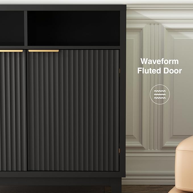 Buffet Cabinet with Storage - Elegant Fluted Storage Cabinet with Adjustable Shelves and Solid Wood Leg, Modern Buffet Sideboard for Living Room, Dining Room, Entryway-NeatNest