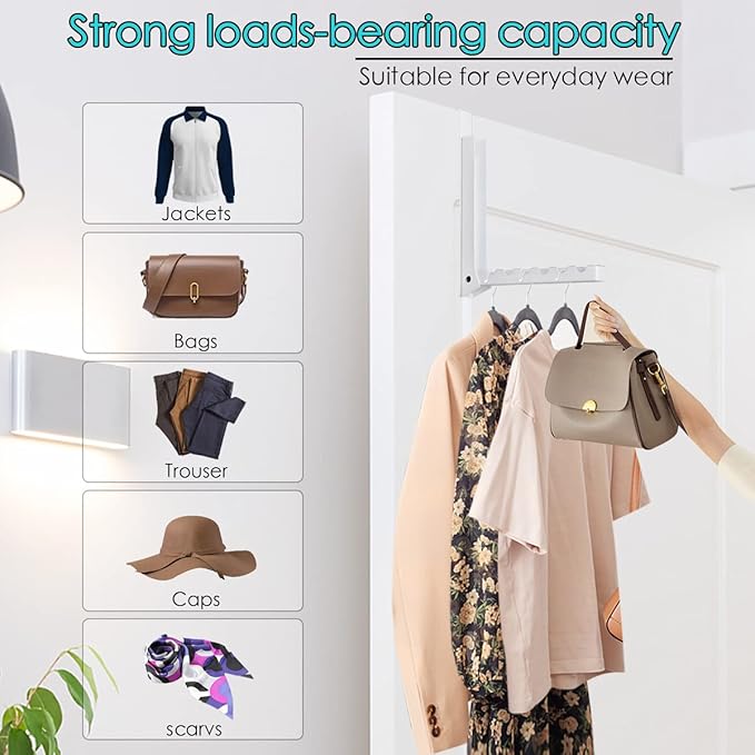 2PCS Over Door Hooks Hanger,Foldable Over Door Drying Laundry Hooks for Hanging Clothes 6 Groves Over Door Towel Racks for Clothes,Coat, Behind Back of Door Bathroom, Bag and Robe( Bright white)