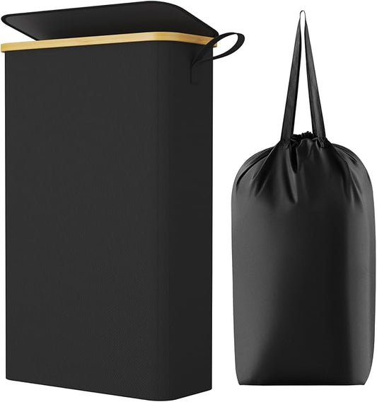 Lifewit 65L Slim Laundry Hamper with Lid, Narrow Laundry Basket with Removable Bag & Bamboo Handles, Fodable Thin Dirty Clothes Hamper for Laundry Collapsible Bin for Bathroom Bedroom Dorm, Black-NeatNest
