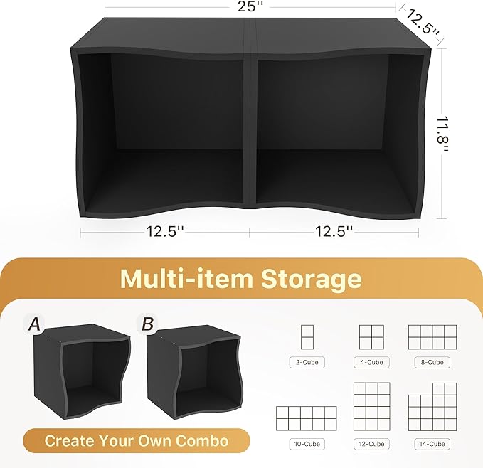 2 Cube Storage Organizer Shelf, Stackable Wooden Bookshelf, Modular Bookcase for Bedroom, Living Room, Office, Study (Black)-NeatNest