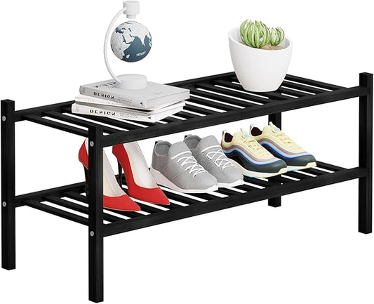 2 Tier Bamboo Shoe Rack Storage Organizer for Closet, Multifunctional Stackable Free Standing Shoe Shelf Organizer for Small Space,Entryway,Hallway,Bathroom 27"x11"x13" (Black, 2 Tier)-NeatNest