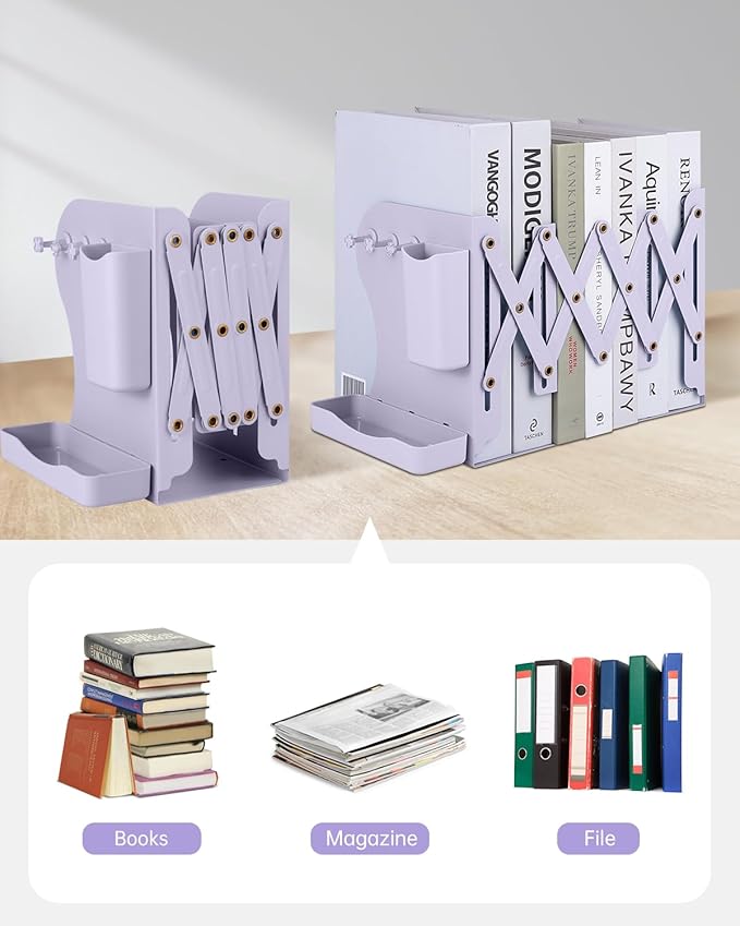 Honagu Adjustable Bookends, Metal Book Ends for Shelves Heavy Book, Desk Magazine File Organizer for Home, Office, Books, Papers with Removable Hook, Pen Holder（Light Purple）