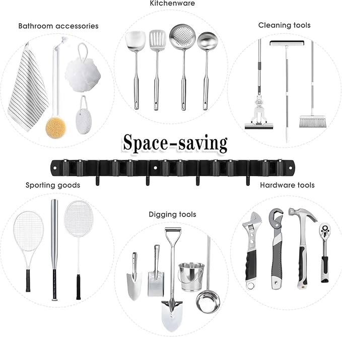 Black 5 Racks and 4 Hooks Mop and Broom Holder Wall Mount, Broom Organizer Storage Tool Racks Stainless Steel Heavy Duty Hooks Self Adhesive Solid Non-slip for Home Kitchen Garden Laundry Garage-NeatNest