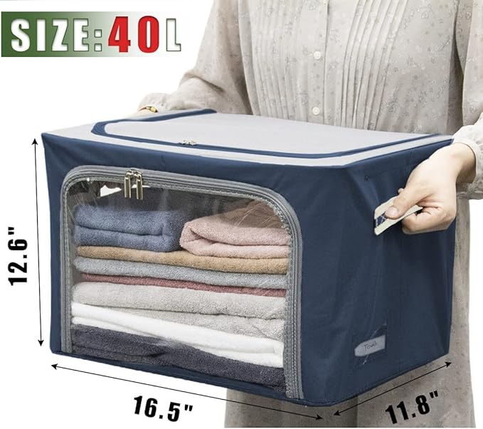 Clothes Storage Box Bins Stackable Foldable Organizer,Sturdy Handles with Metal Frame for Clothing Bedding Shelves,Closet Container with Clear Window Zipper and Label Holder (Navy, 40L x3 Pack)-NeatNest