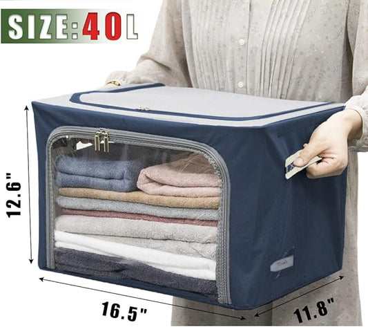 Clothes Storage Box Bins Stackable Foldable Organizer,Sturdy Handles with Metal Frame for Clothing Bedding Shelves,Closet Container with Clear Window Zipper and Label Holder (Navy, 40L x3 Pack)-NeatNest