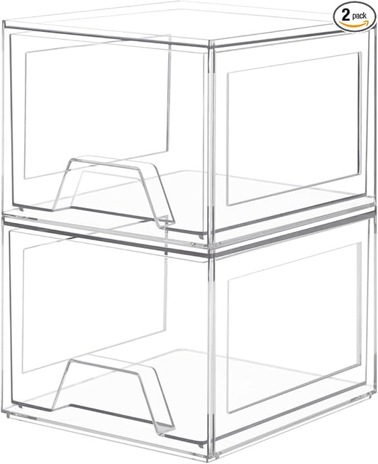 Damomo 2 Pack Stackable Organizer Drawers, 4.4" Tall Clear Bathroom Makeup Organizer and Storage, Acrylic Plastic Organizers Bins for Vanity, Undersink, Bathroom, Pantry, Kitchen Cabinets