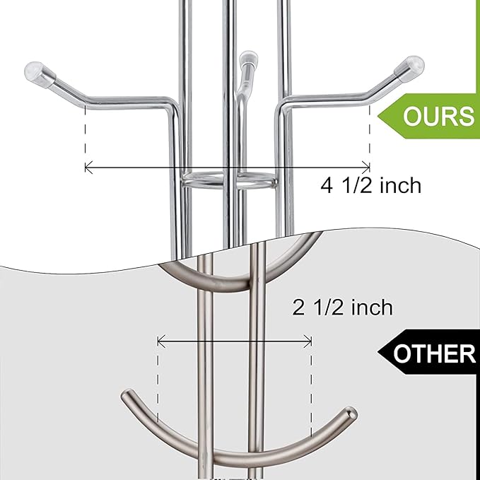 HULISEN Coffee Mug Holder for Countetop, Cup Tree for Counter Large Mugs with 6 Hooks, Metal Cup Holder Stand, Standing Rack Display for Coffee Bar, Silver-NeatNest