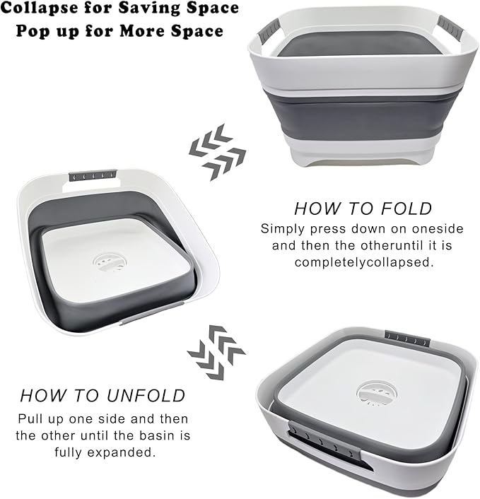 2.4 Gal (9L) Collapsible Dish Basin with 2 Drainage Plugs - Foldable Sink for Kitchen, Camping, RV | Space-Saving Multifunctional Wash Basin for Veggies, Dishes-NeatNest