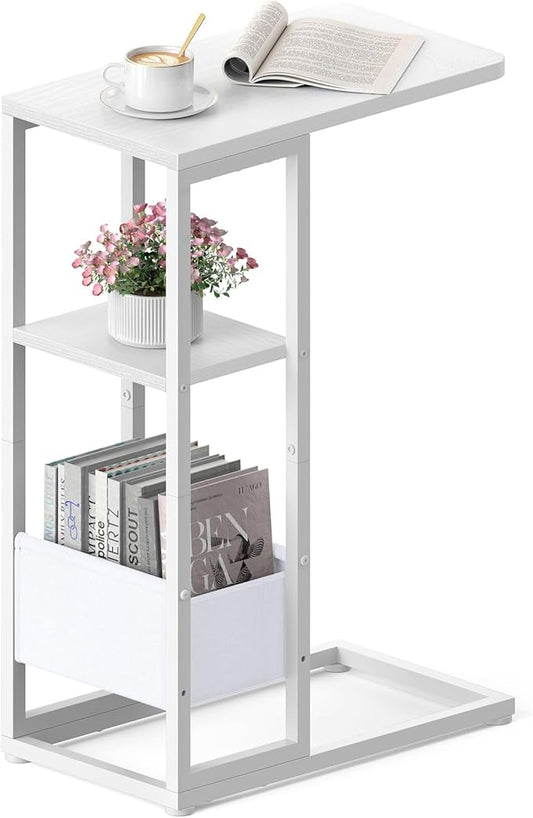 C Shaped End Table, Small Side Table for Couch, Recliner, Slide Under Sofa Tray Desk Snack Tables with Storage Bag for Living Room,Bedroom, Small Spaces - White
