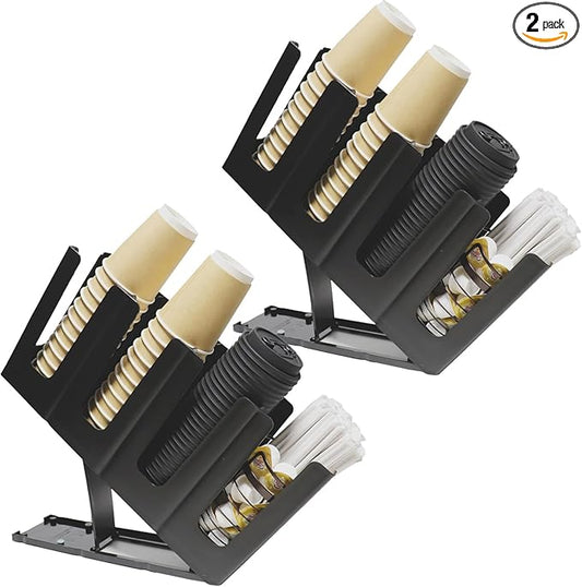 2 Pack Paper Cup and Lid Holder, Adjustable Coffee Cup Holder with Straw Organizer, 4 Compartment Disposable Cup Dispenser with Coffee Pod Basket for Countertop Coffee Station Bar Breakroom, Black-NeatNest