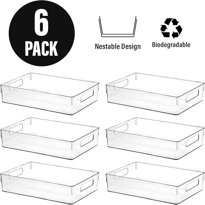 Clear Plastic Storage Bins, Pantry Organizers and Storage or Kitchen Organization and Storage Containers Bins for Organizing, Fridge, Freezer, Bathroom, Pantries, Refrigerator, Cabinet Organizer Bin-NeatNest