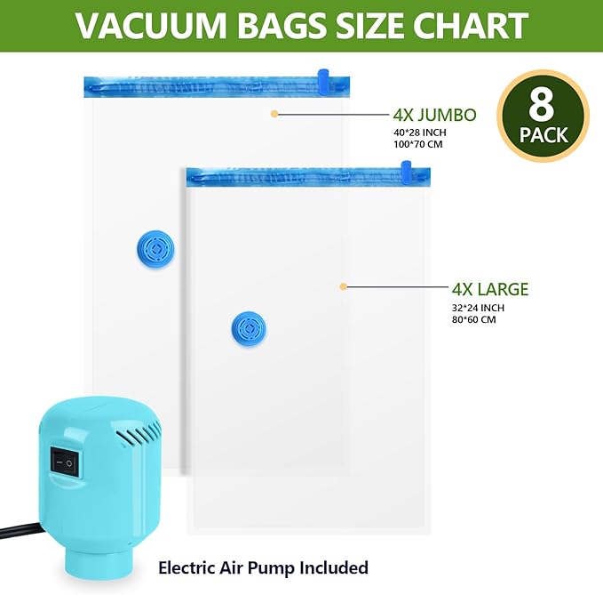 Vacuum Storage Bags with Electric Pump, 8 Pack (4 Jumbo 4 Large Vacuum Seal Bags for Clothing) Storage Bags Vacuum Sealed Bags for Travel, Luggage, Bedding, Blankets-NeatNest