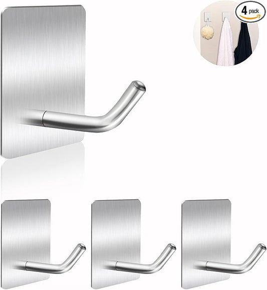Heavy Duty Stainless Steel Self Adhesive Wall Hooks, Sticky Towel Hangers for Kitchen Bathroom Office, Waterproof Stick on Door Hooks for Hanging Robe Key Hat Coat 4Packs