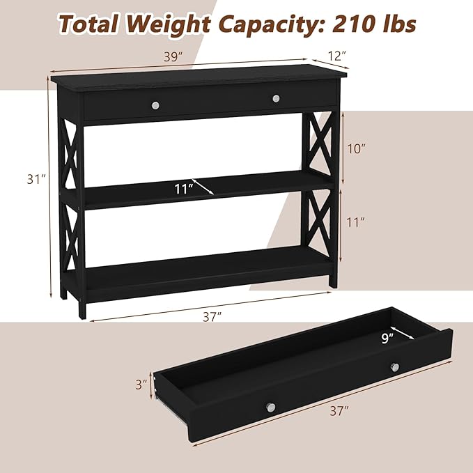 GOFLAME 39" Console Sofa Table with Drawers, 3-Tier Narrow Entry Table with Storage Shelves for Living Room Behind Couch, Entryway, Hallway (Black)-NeatNest